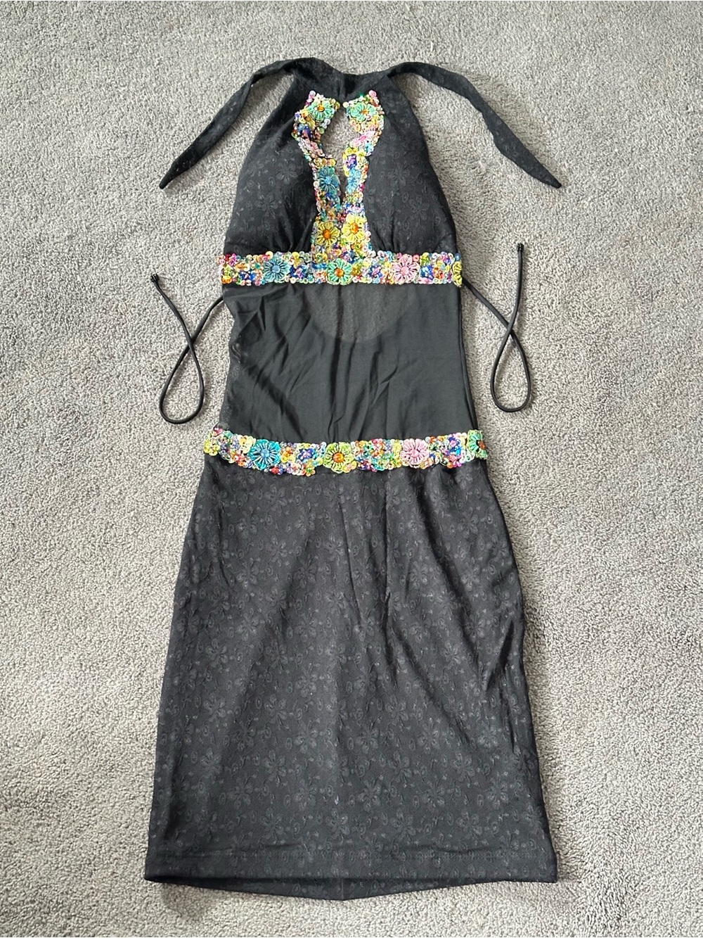 Ana Lucia Avila Black Lace Mesh Sequin Bodycon Summer Clubwear Padded Dress Sz S
